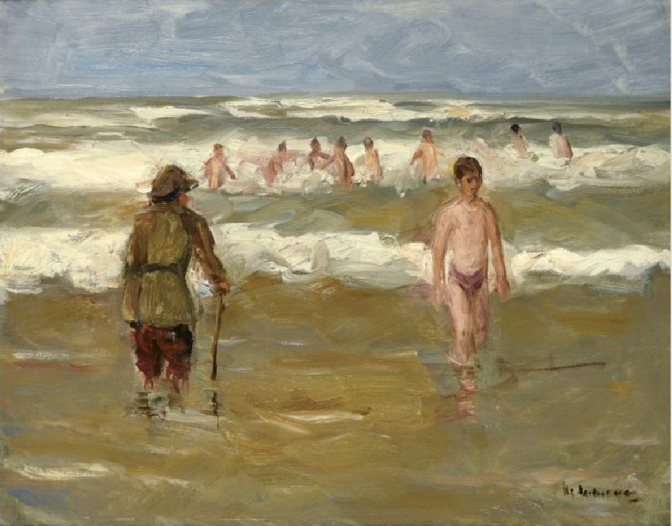 Badende jongens met strandwacht door Max Liebermann