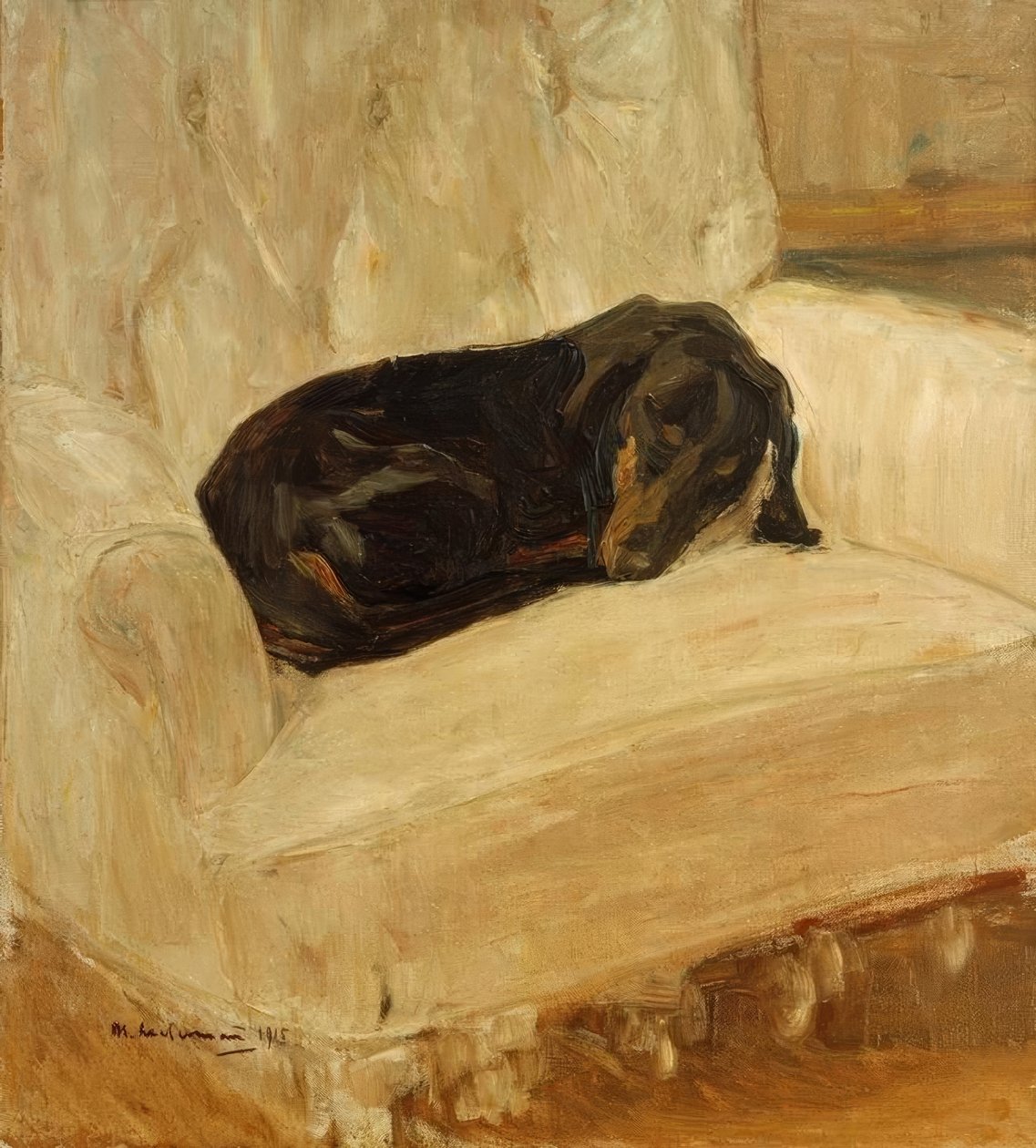 Slapende teckel in de leunstoel door Max Liebermann