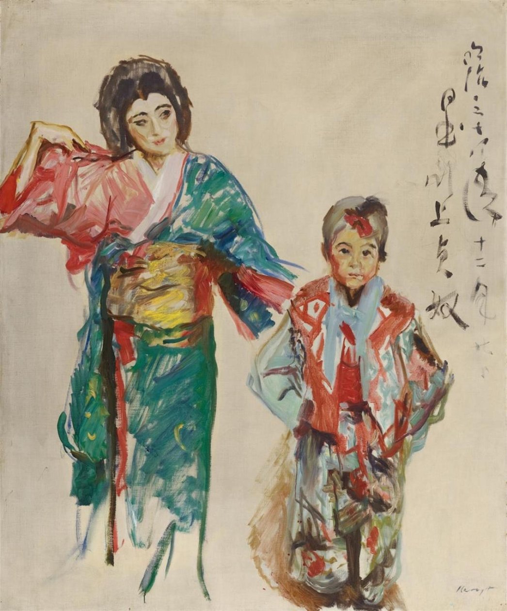 Portret van danseres Sadayakko met haar pleegzoon Raikichi door Max Slevogt