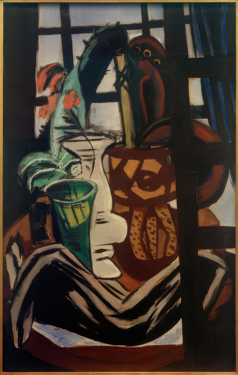 Atelier met tafel en glazen door Max Beckmann