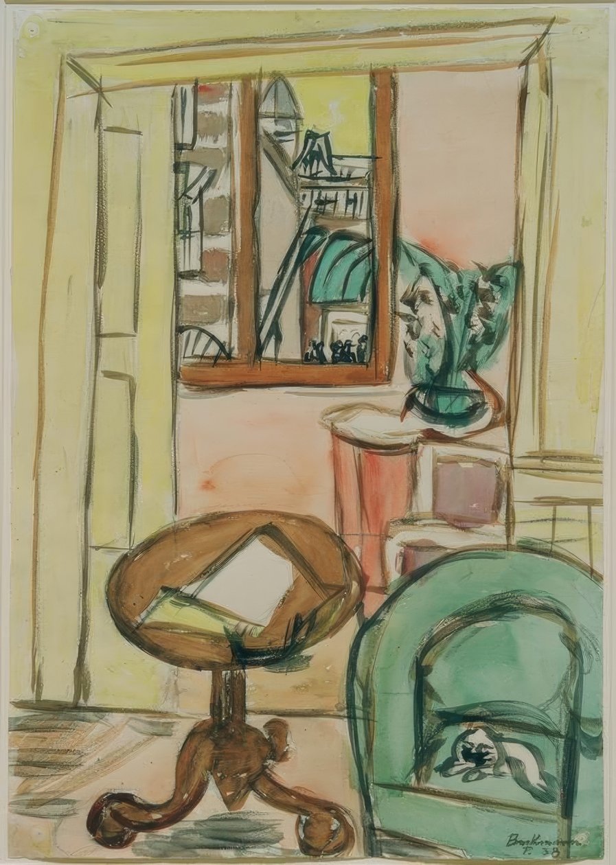 Interieur met ronde tafel door Max Beckmann