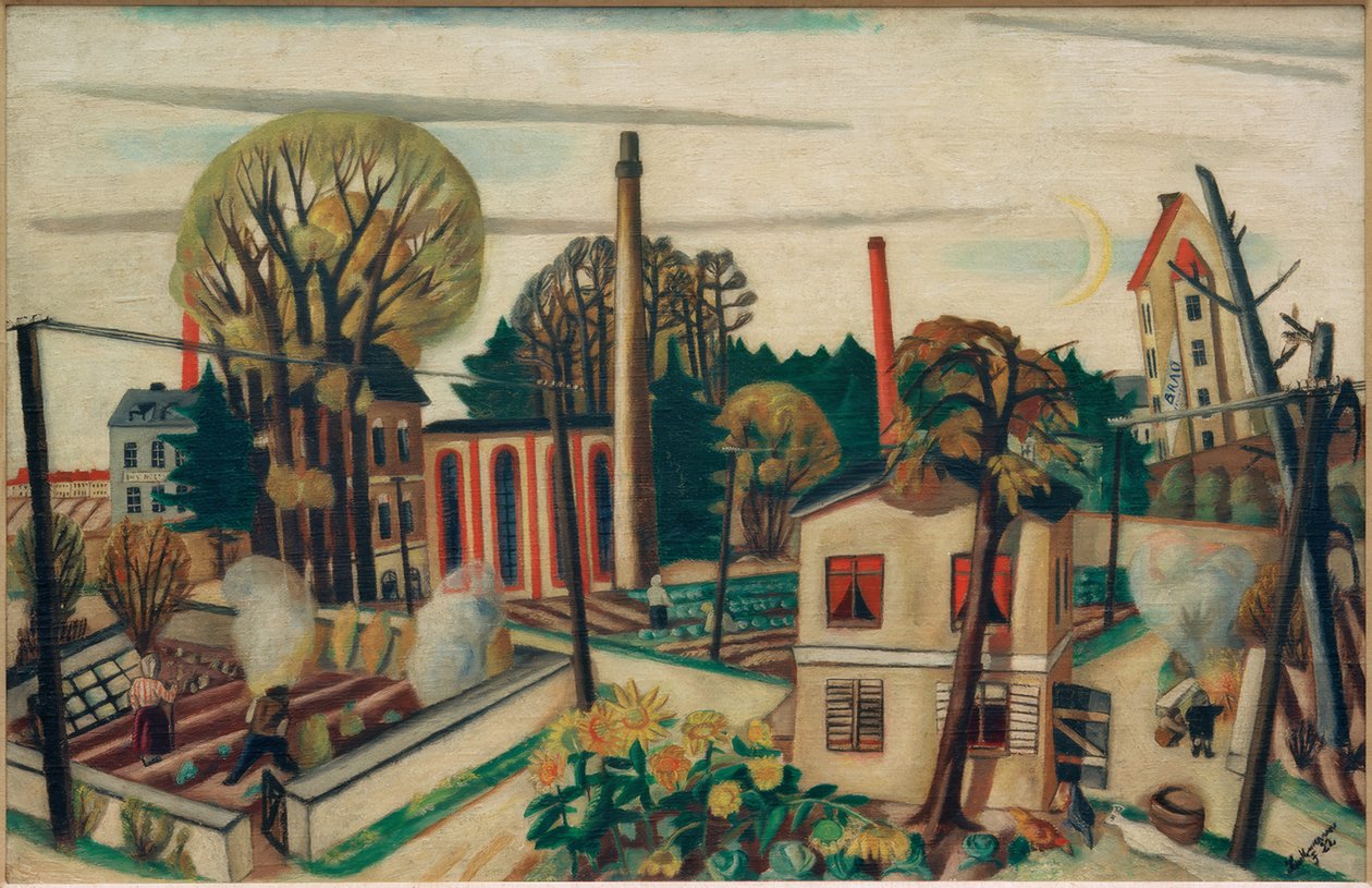 Landschap bij Frankfurt, met fabriek door Max Beckmann