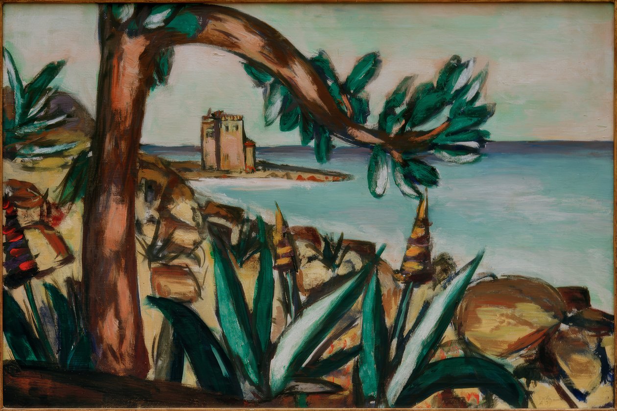 Zeegezicht met oud kasteel en agaven door Max Beckmann