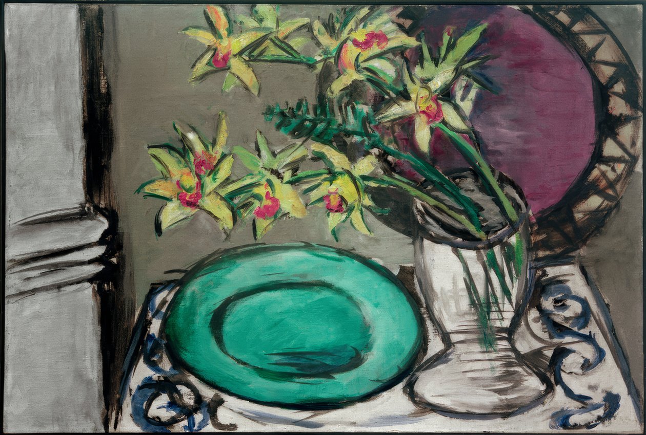 Orchideeën - stilleven met groene schaal door Max Beckmann