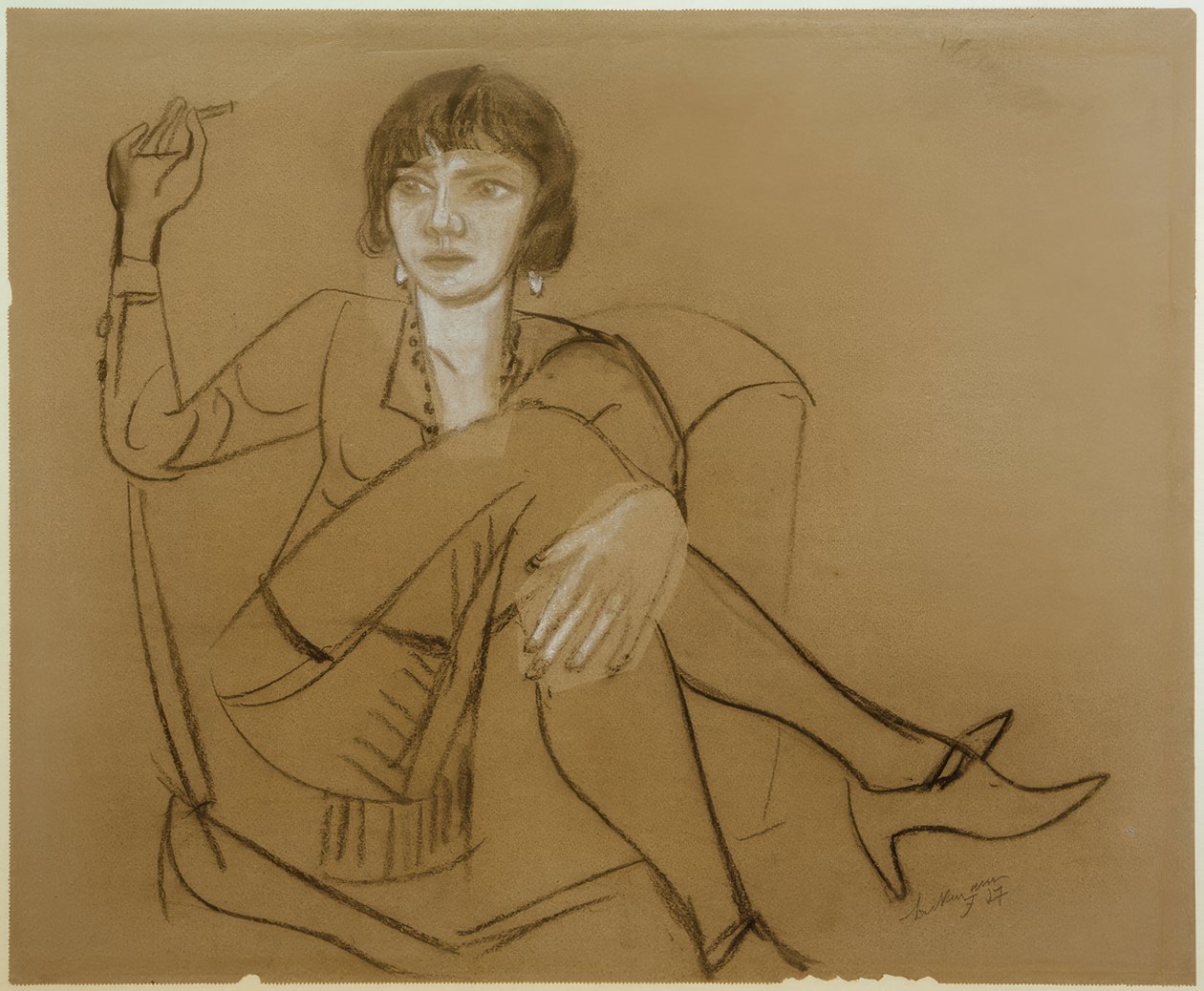 Quappi, rokend in clubsessel door Max Beckmann