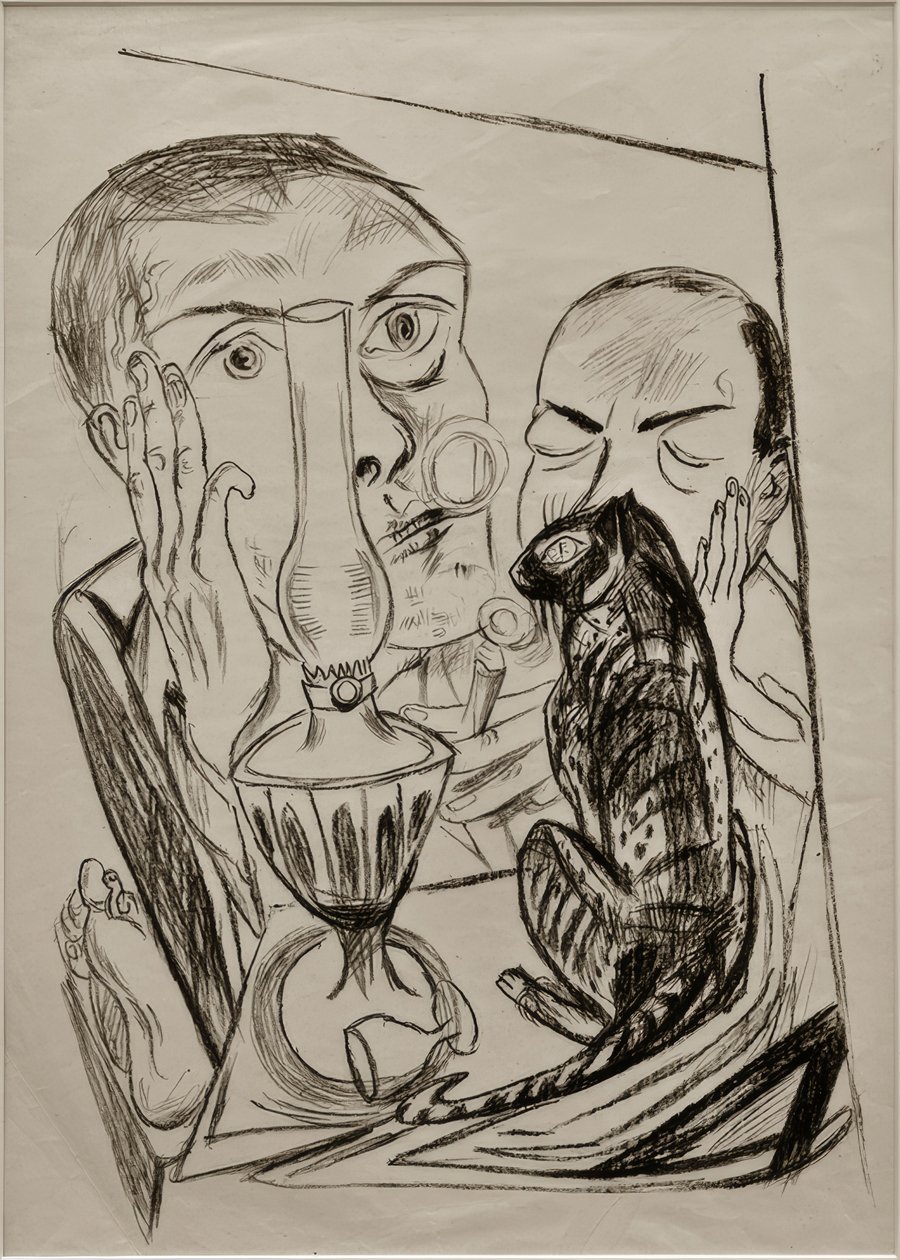 Zelfportret met kat en lamp door Max Beckmann