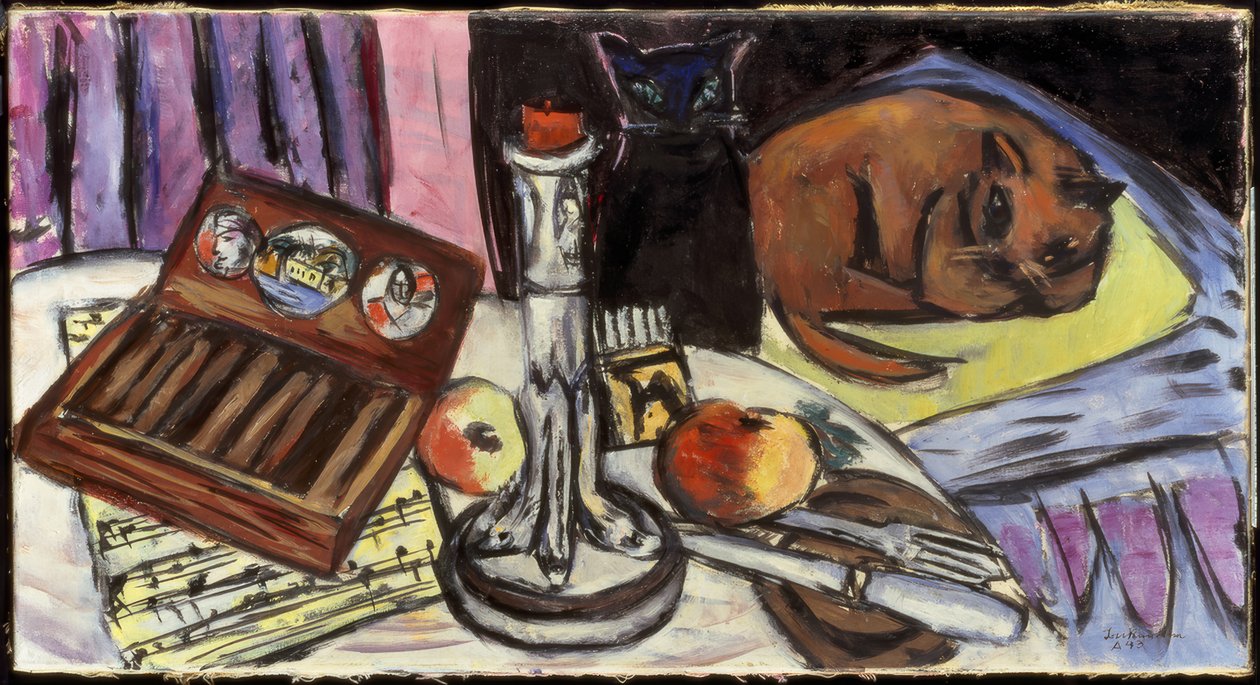 Stilleven met zilveren kandelaar (Stilleven met katten) door Max Beckmann