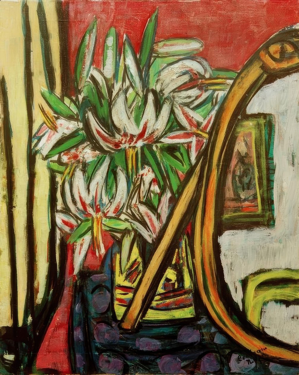 Stilleven met spiegel en Turkse lelie door Max Beckmann