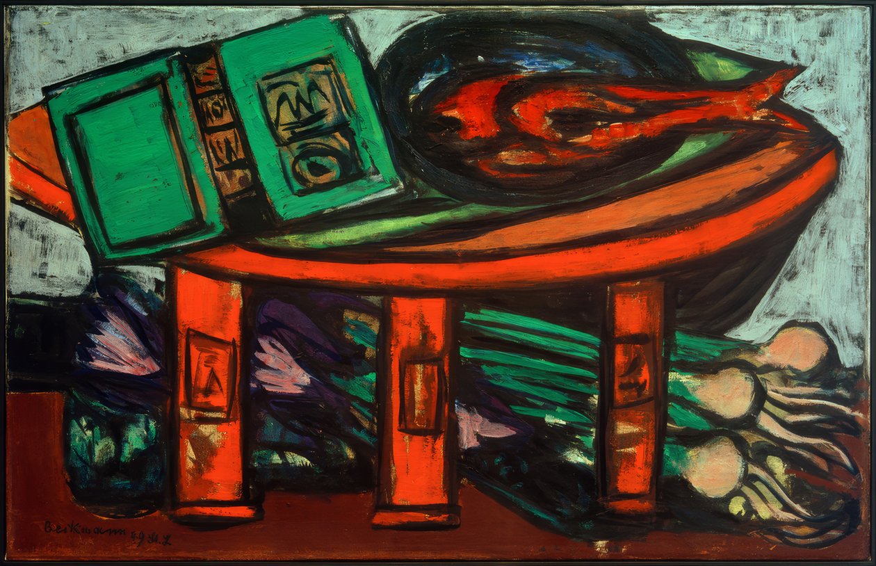 Stilleven met groen boek en radijzen door Max Beckmann
