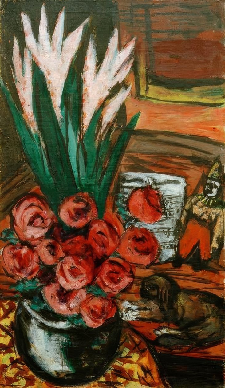 Stilleven met rode rozen en Butchy door Max Beckmann