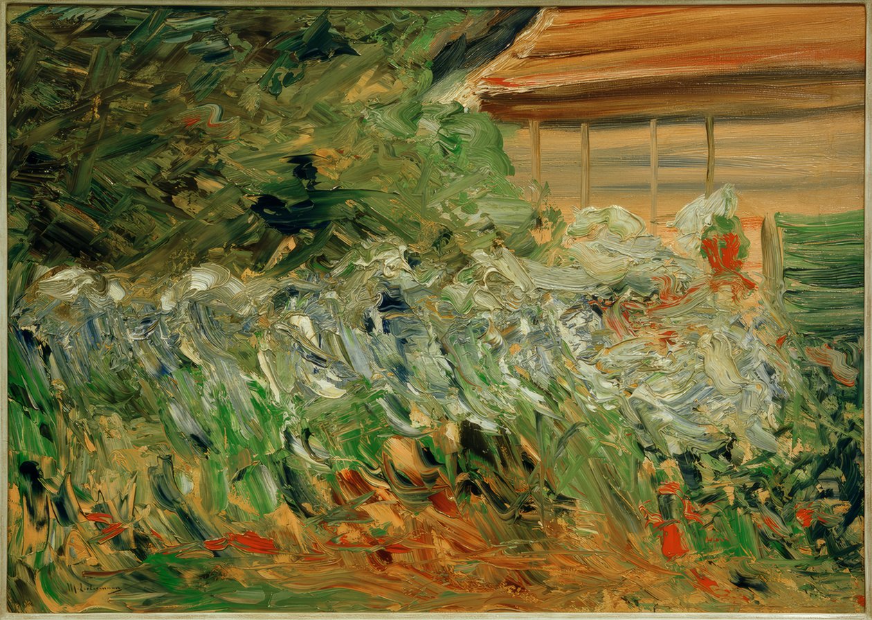 Bloemenstruiken bij het tuinhuisje door Max Liebermann