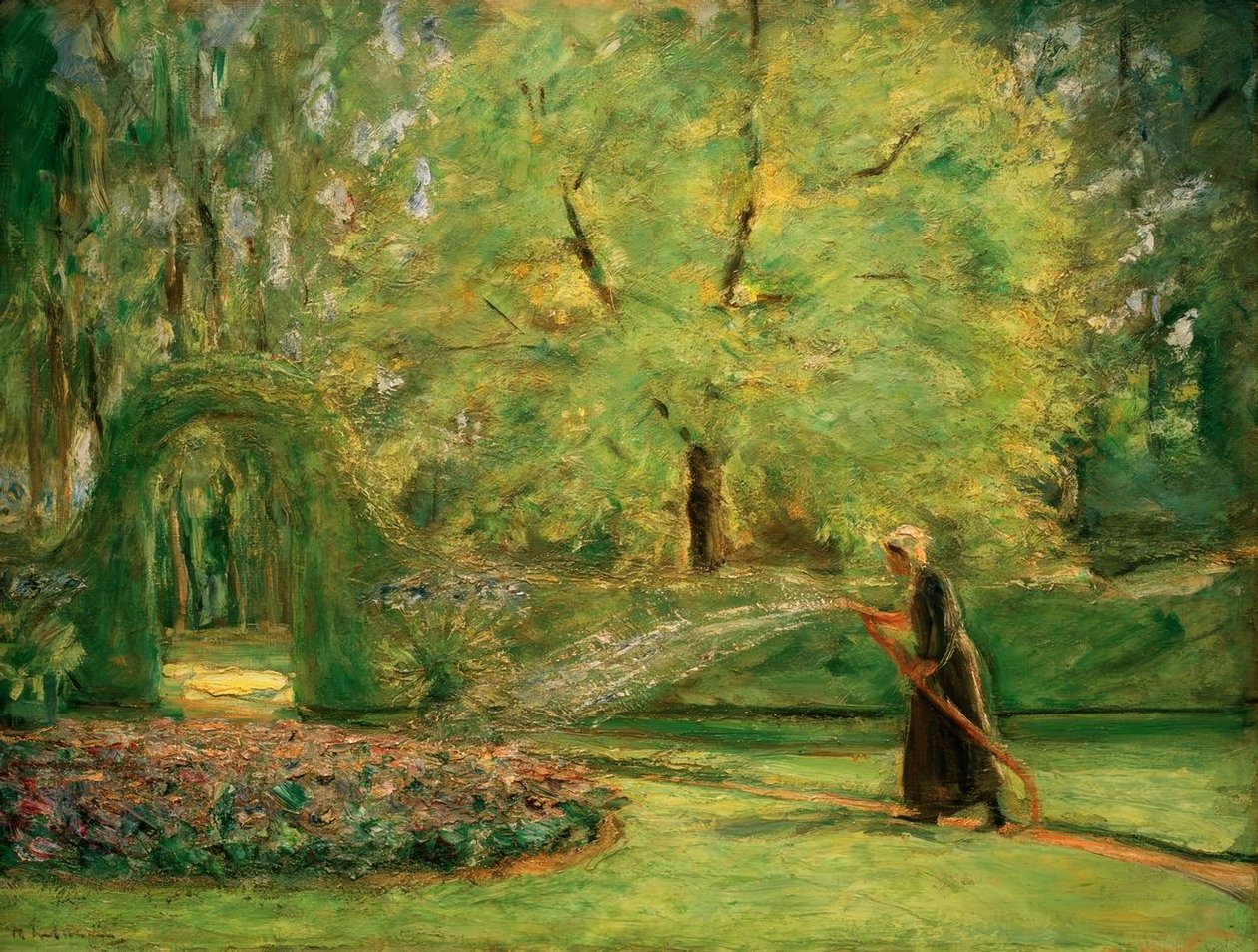 Het ronddeel in de haagtuin met bloemenbesproeier door Max Liebermann