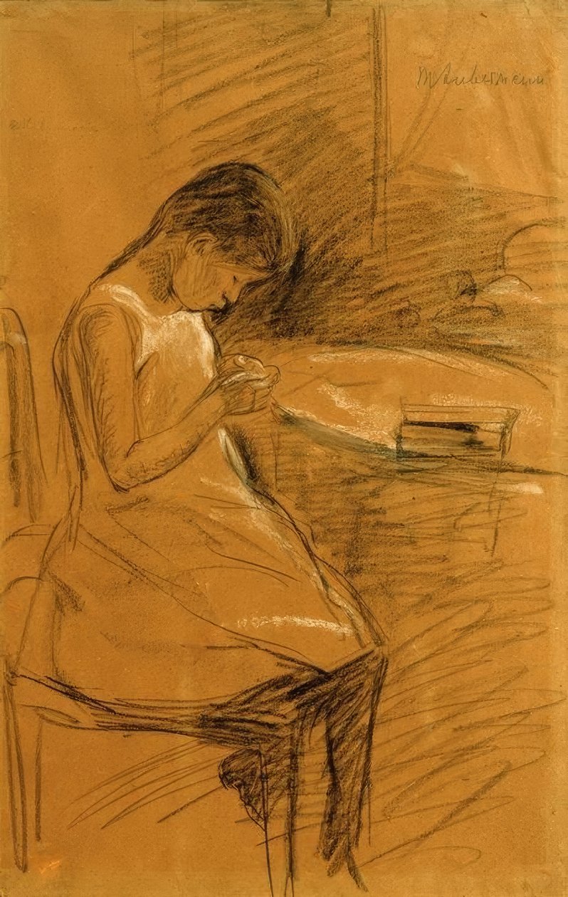 De dochter van de kunstenaar, naaien door Max Liebermann
