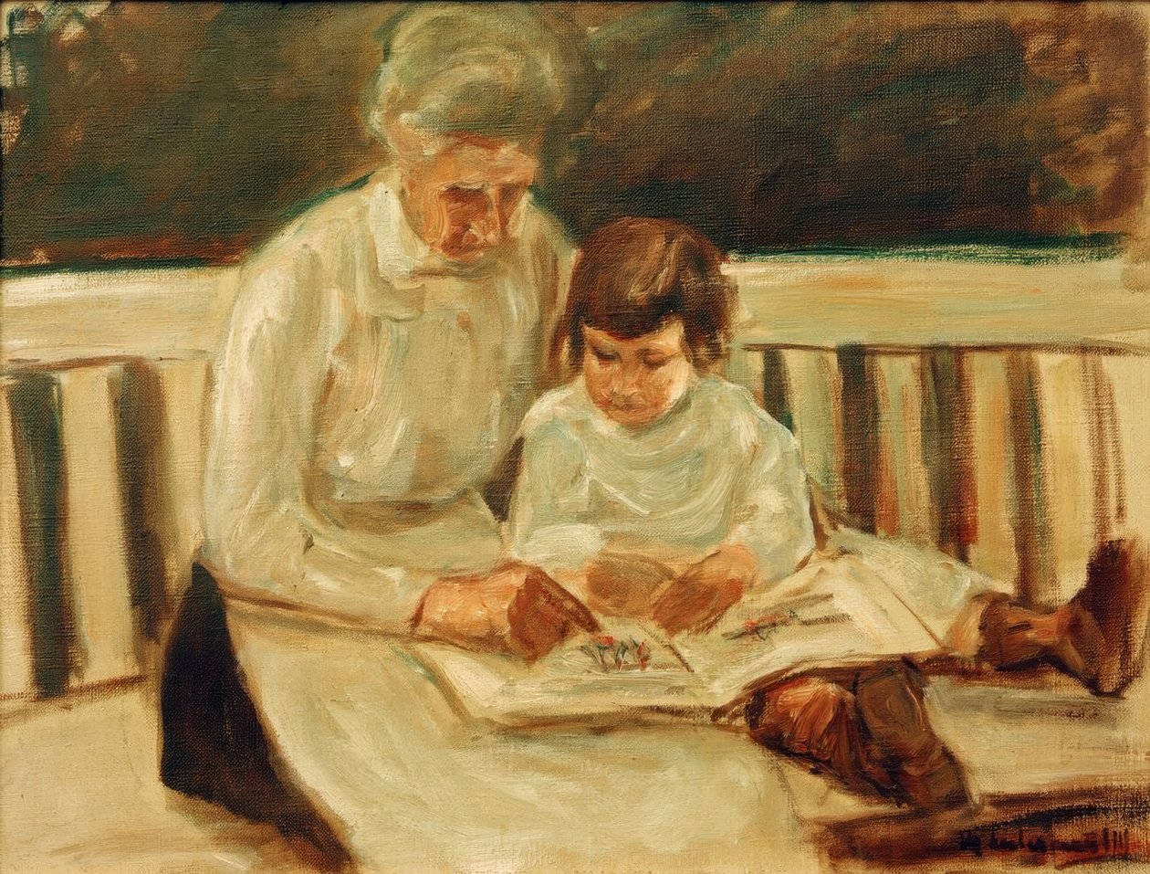 Kleindochter en kindermeisje op de tuinbank door Max Liebermann