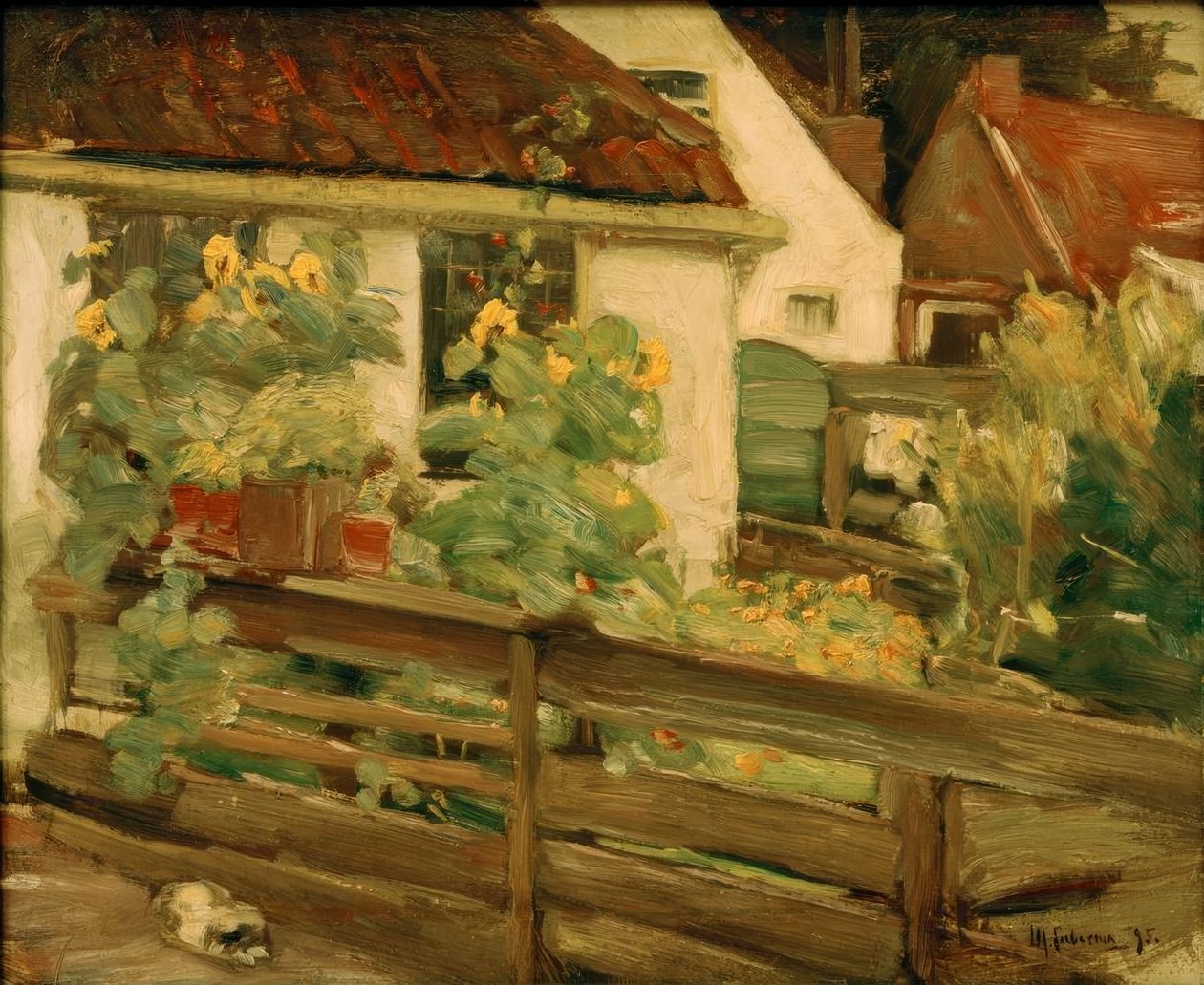 Tuin met zonnebloemen door Max Liebermann