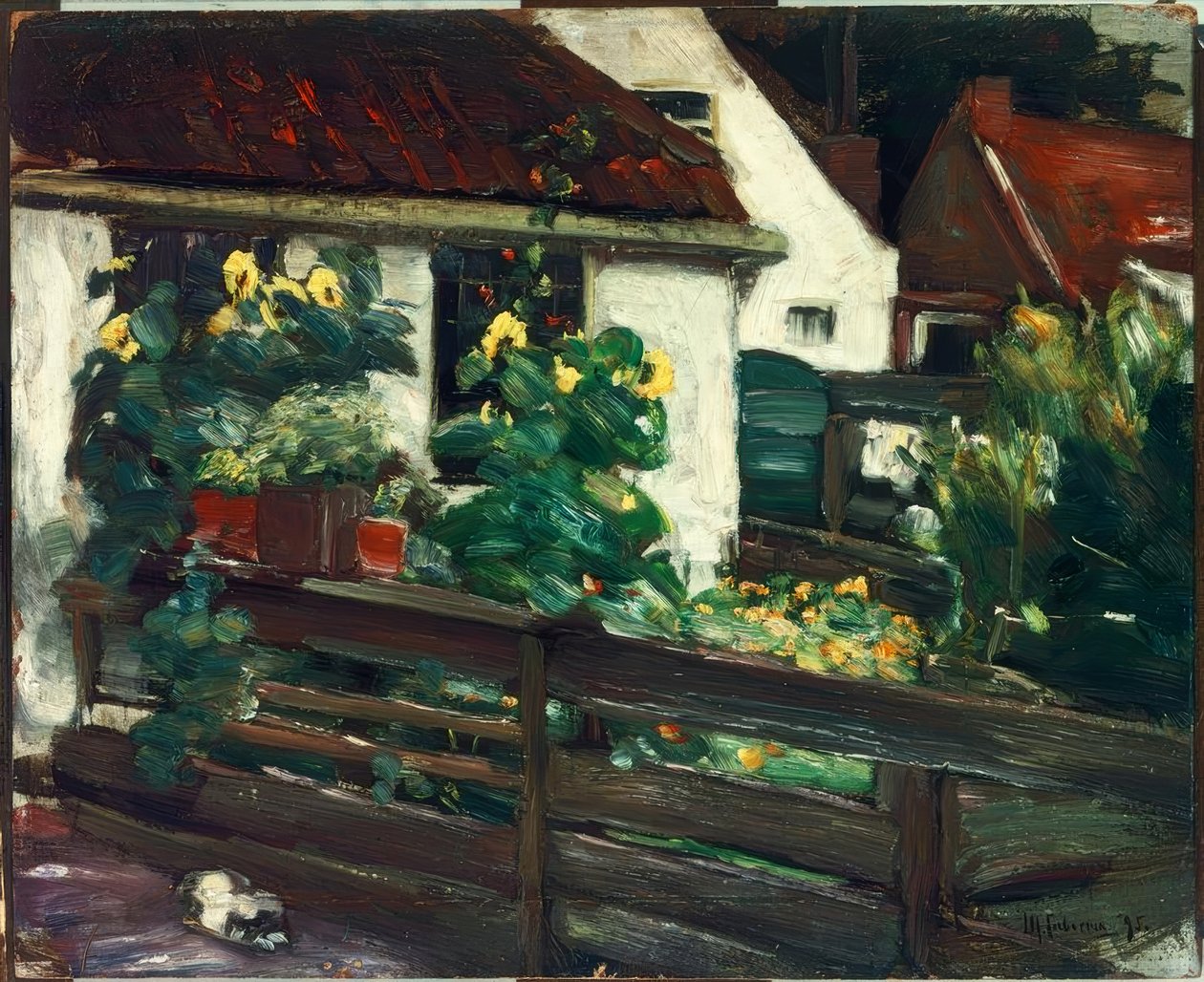 Tuin met zonnebloemen door Max Liebermann