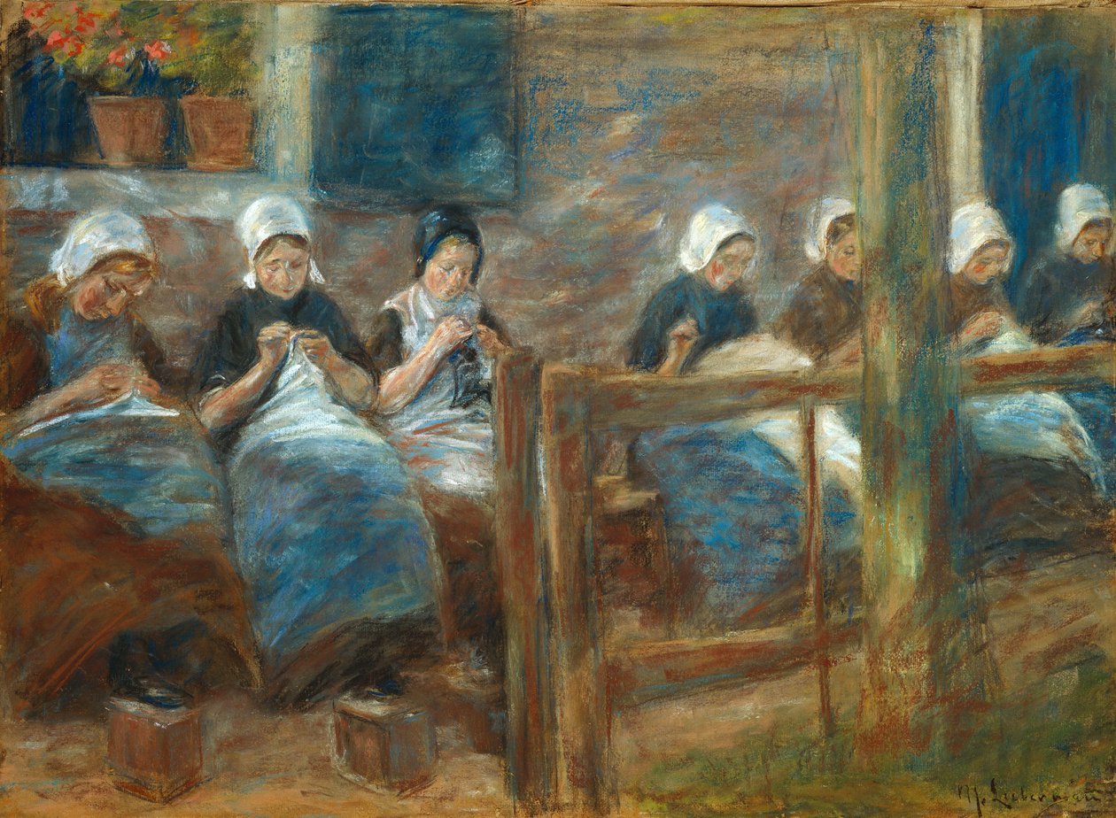Meisjes die naaien in Huizen door Max Liebermann
