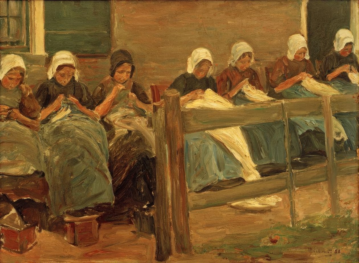 Naaiende meisjes in Huyzen door Max Liebermann