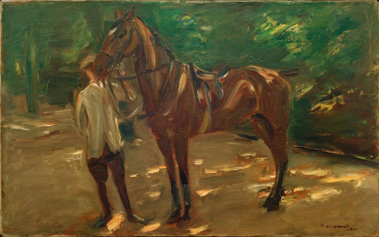 Stalknecht met paard door Max Liebermann
