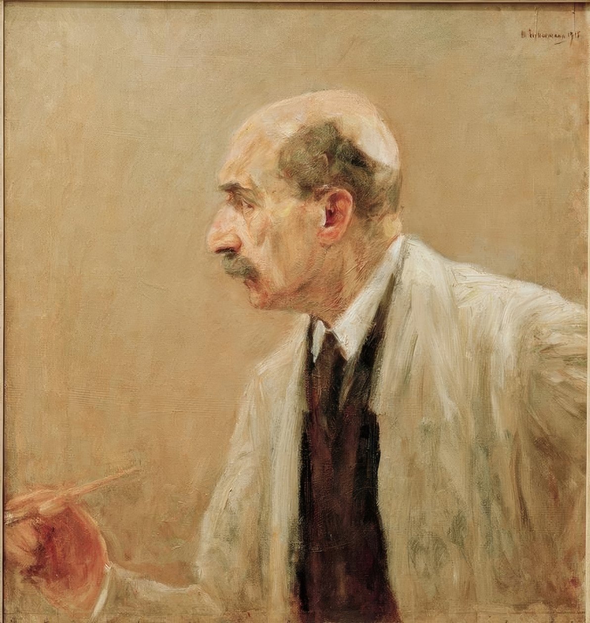 Zelfportret in schildersjas, profiel naar links door Max Liebermann