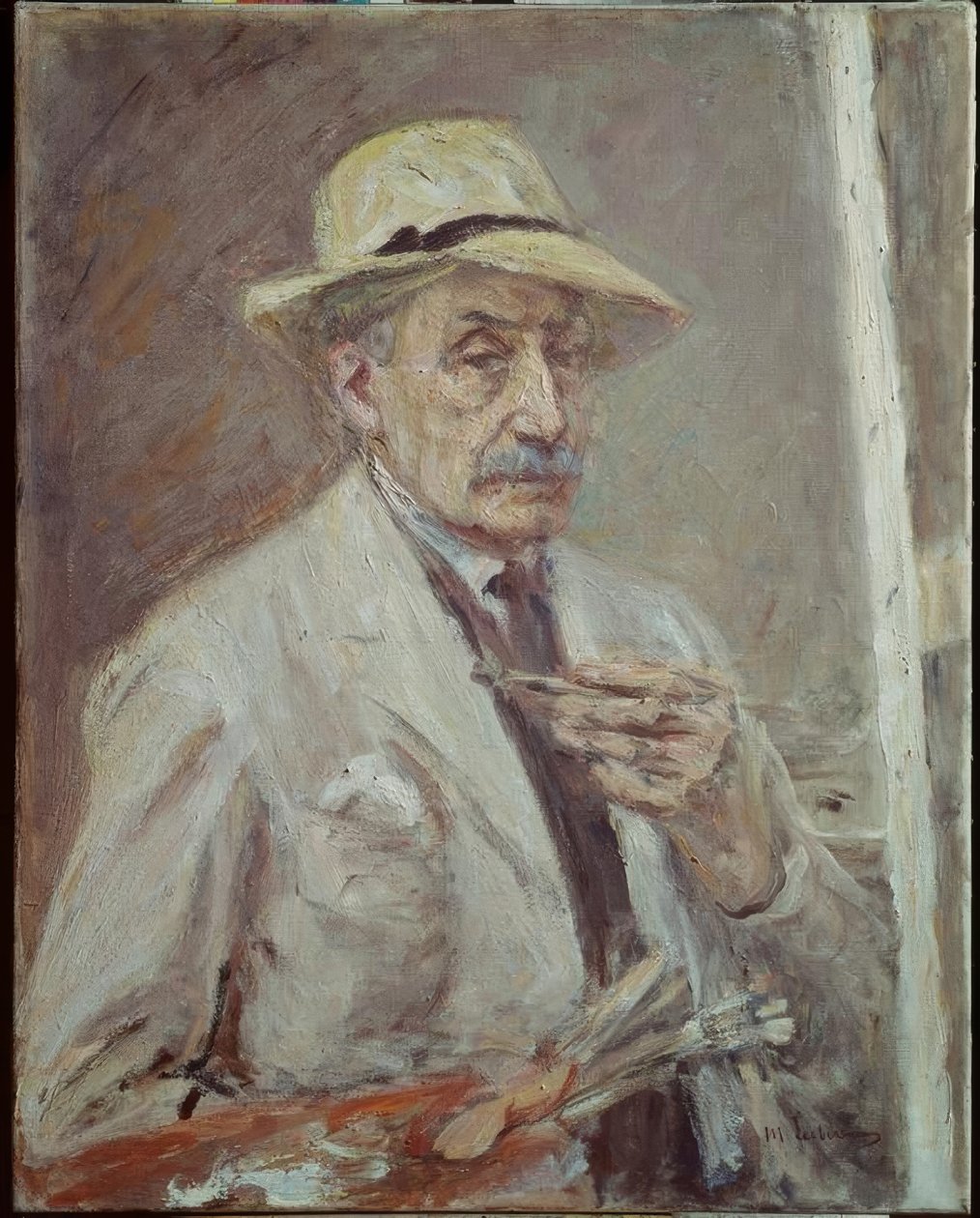 Zelfportret met schildersjas en hoed door Max Liebermann