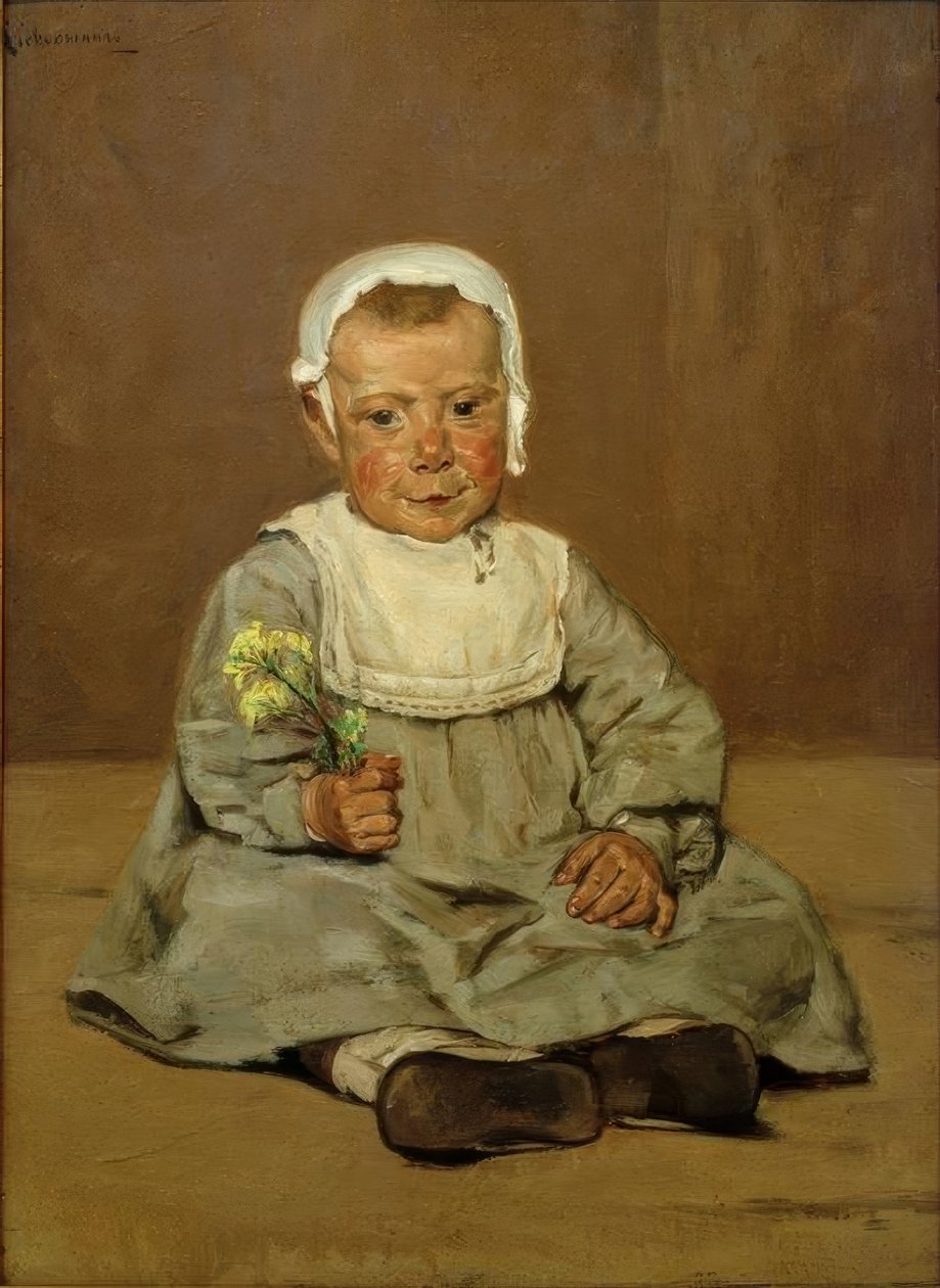 Zittend kind met bloem door Max Liebermann