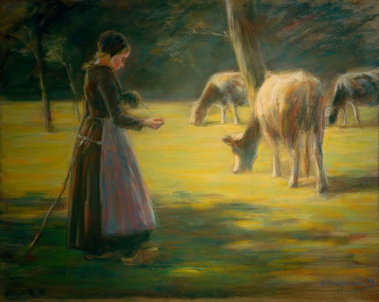 Spinnende koeherderin op de wei – In de zonneschijn door Max Liebermann