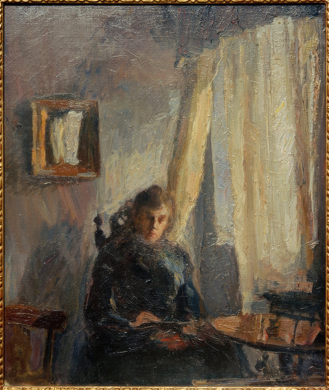 Interieur Nini aan tafel met gordijn door Max Slevogt