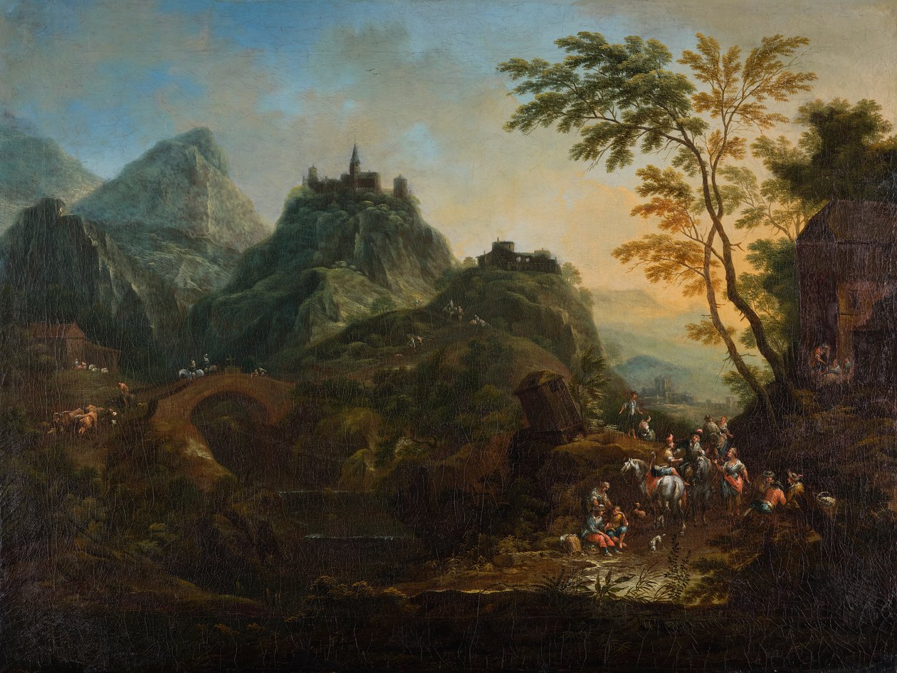 Ideaal berglandschap met brug door Maximilian Joseph Schinnagl