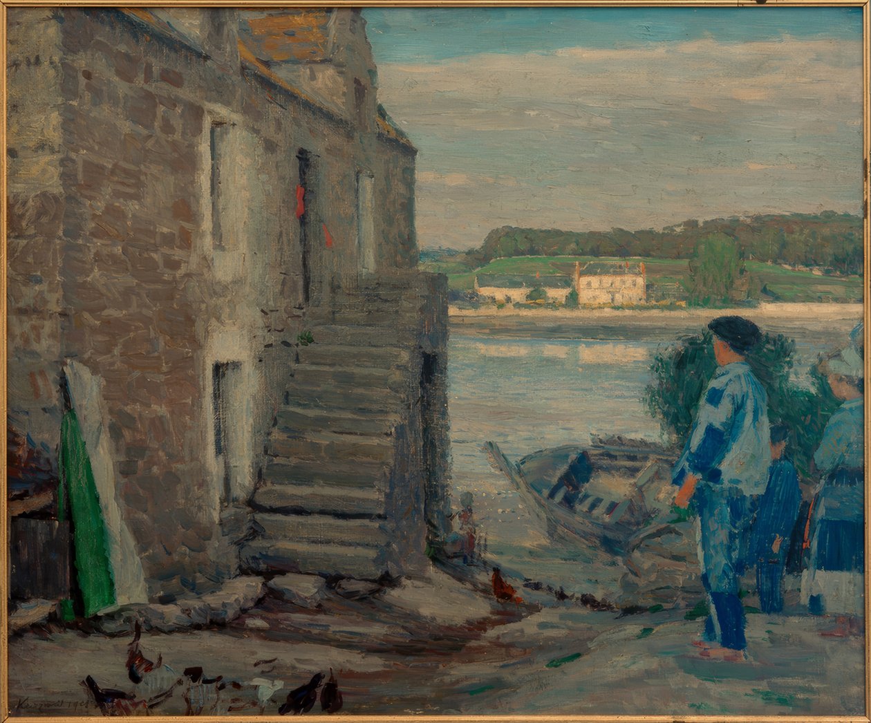 Oeverlandschap met huizen door Max Kurzweil
