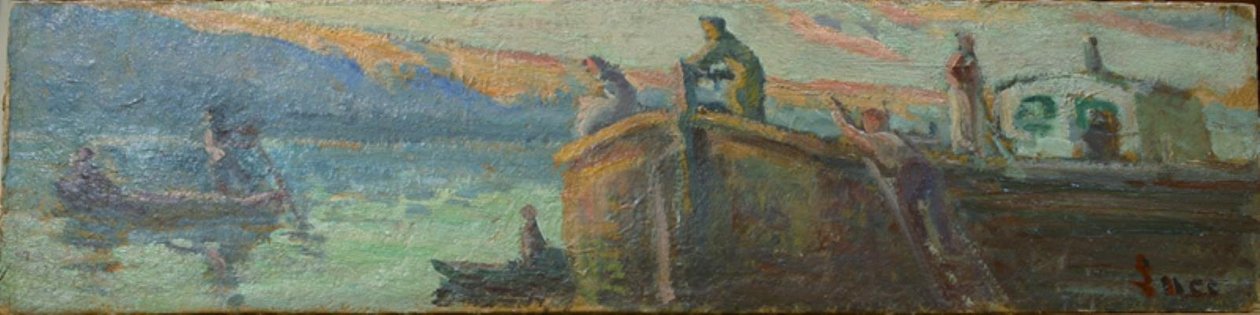 Rivierlandschap met praam en boten door Maximilien Luce