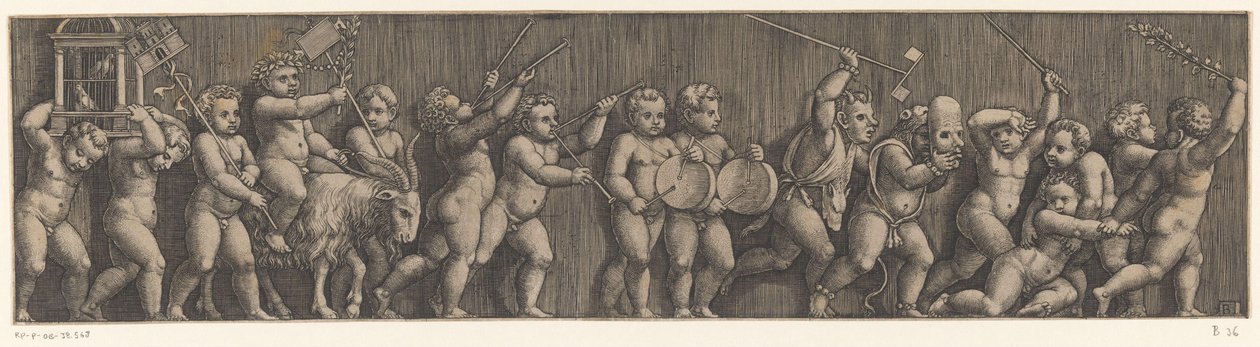 Fries met optocht van putti door Meester van de Dobbelsteen