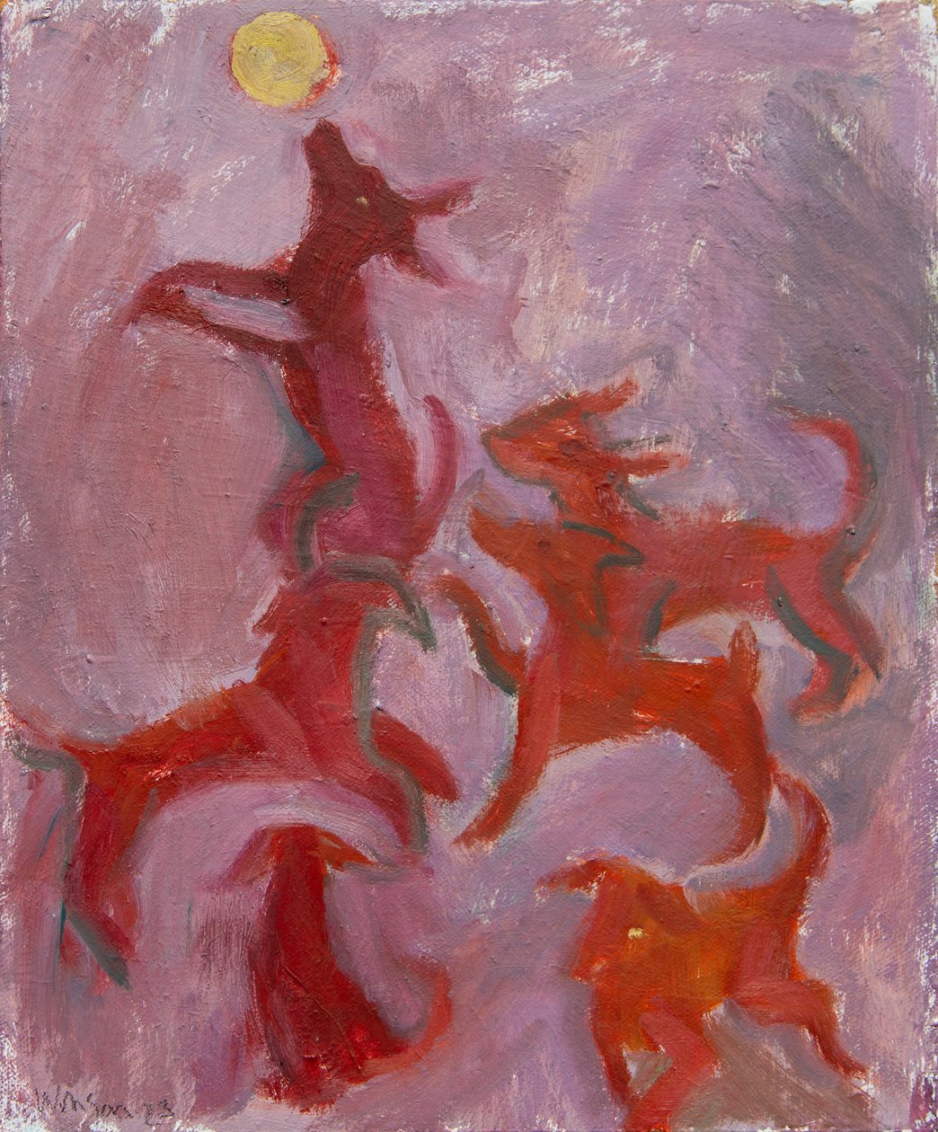 Six Dogs, 2023 (olieverf op doek) door Megan Williamson