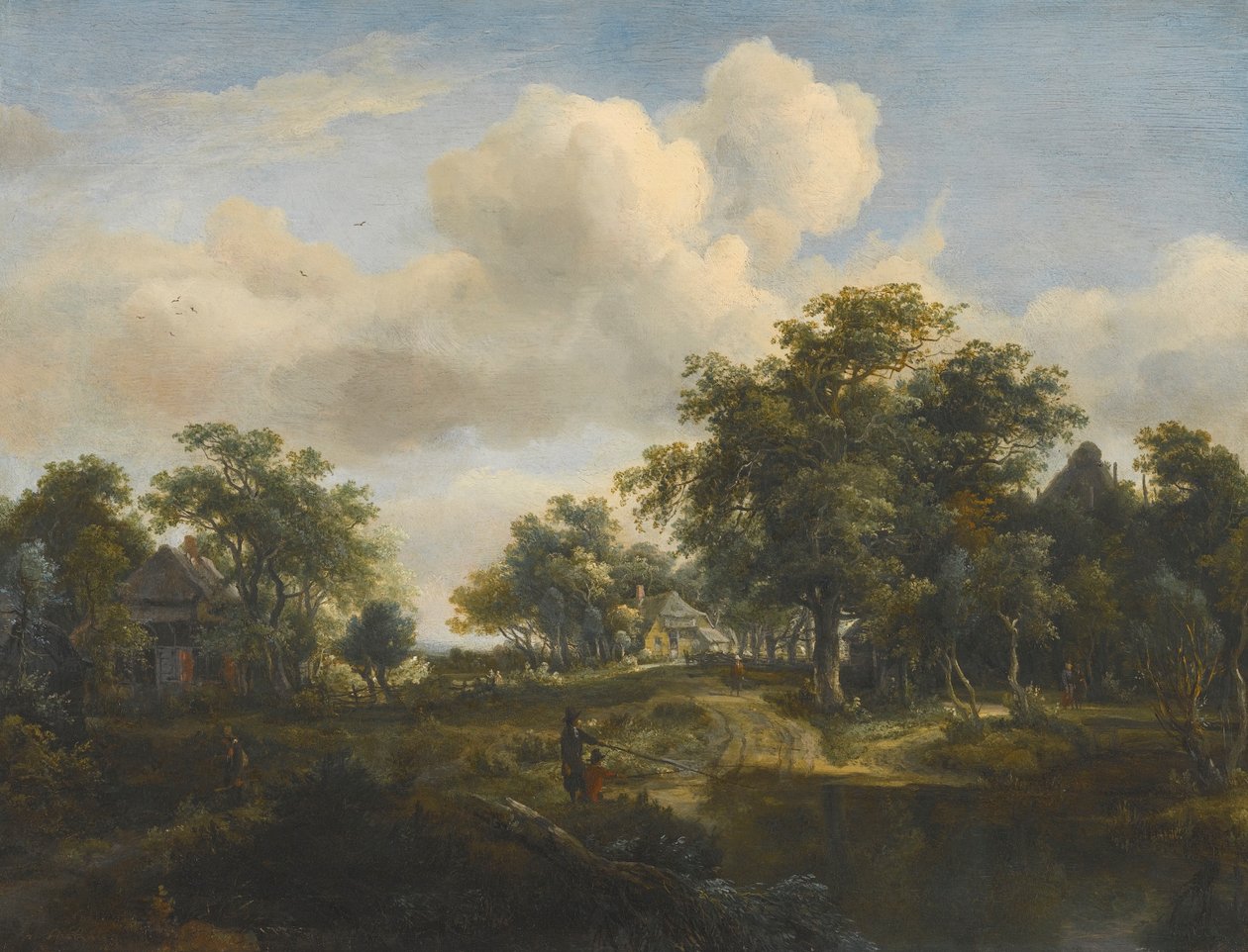 Een gehucht in de bossen met vissers door Meindert Hobbema