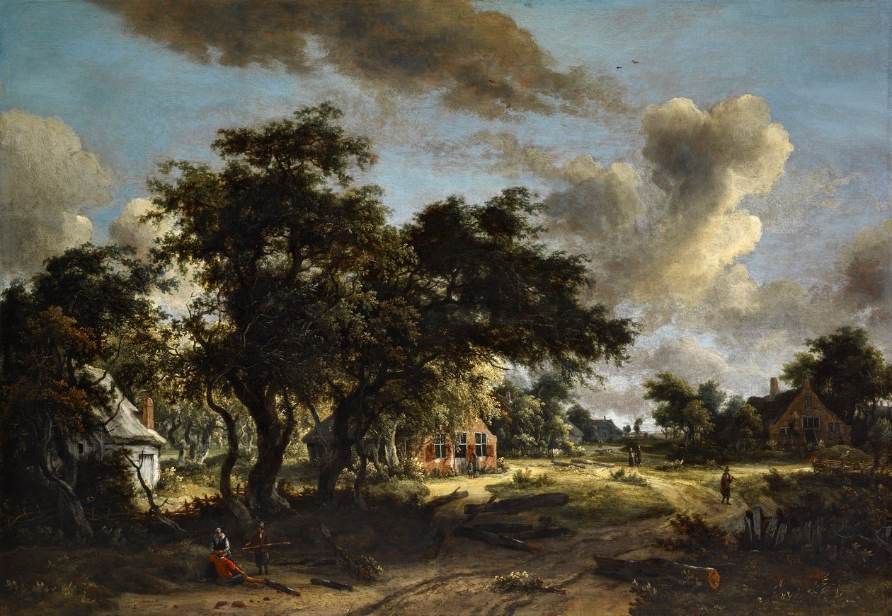 Dorp tussen bomen door Meindert Hobbema