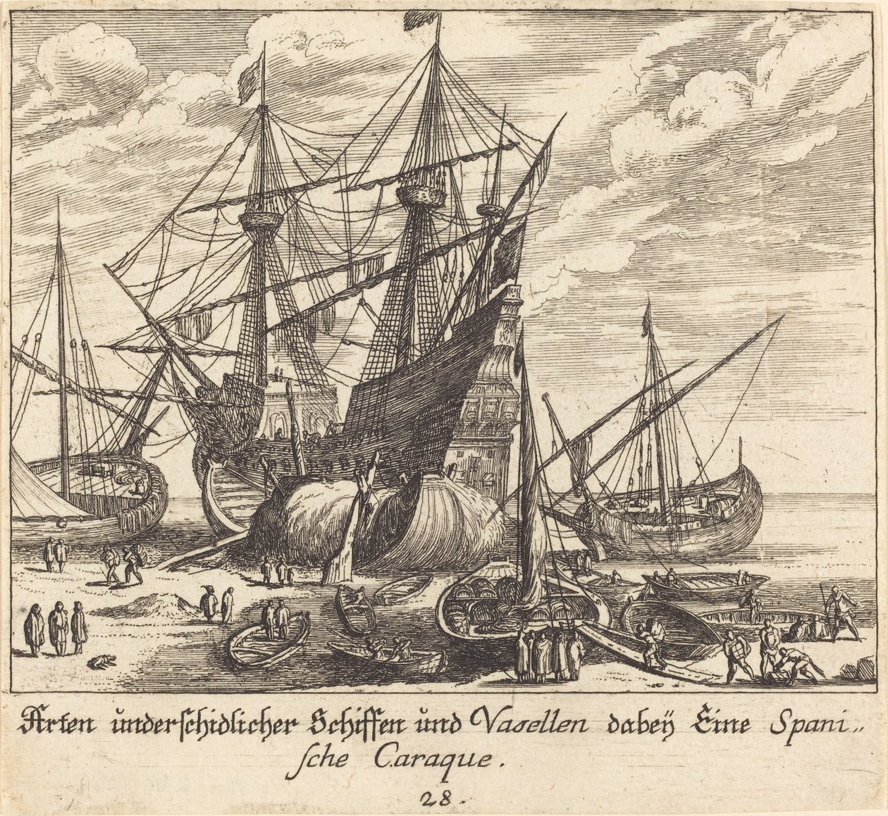 Schepen door Melchior Küsel after Johann Wilhelm Baur