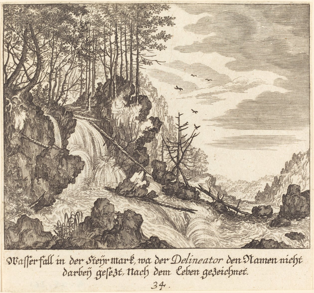 Waterval door Melchior Küsel after Johann Wilhelm Baur