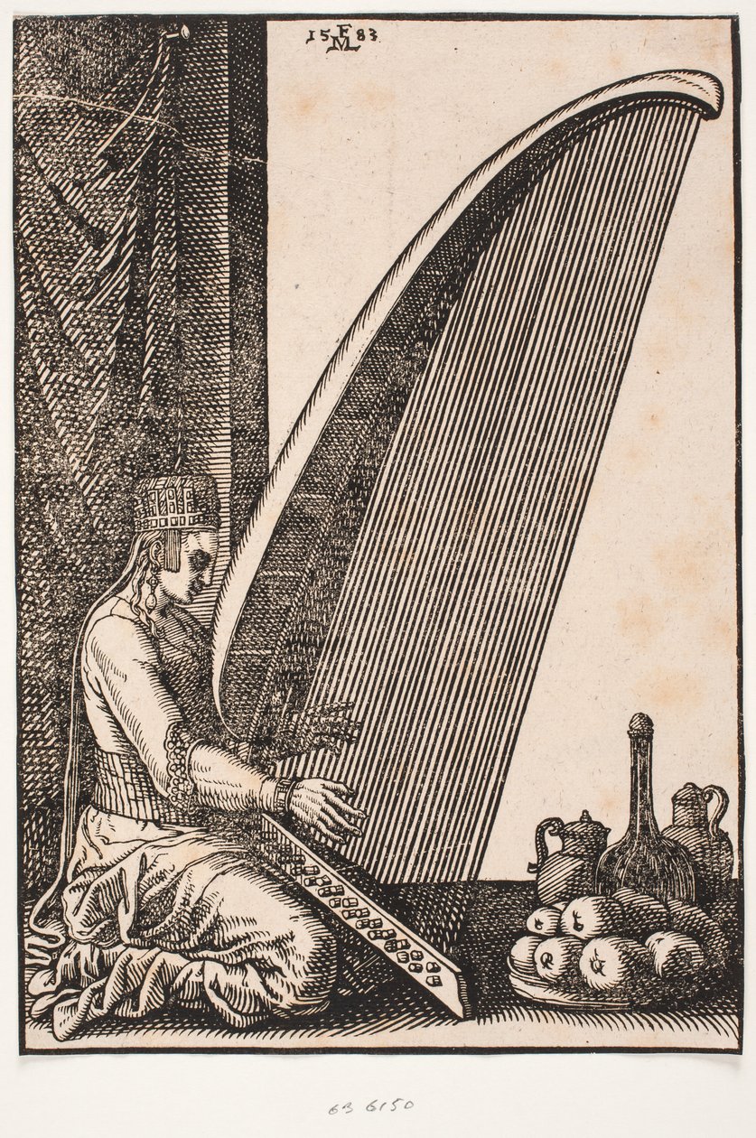 Een harpist door Melchior Lorck