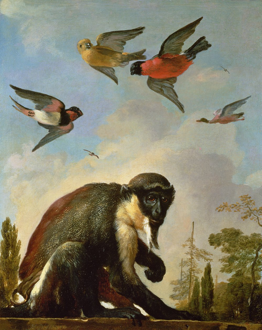 Geketende aap in een landschap door Melchior de Hondecoeter