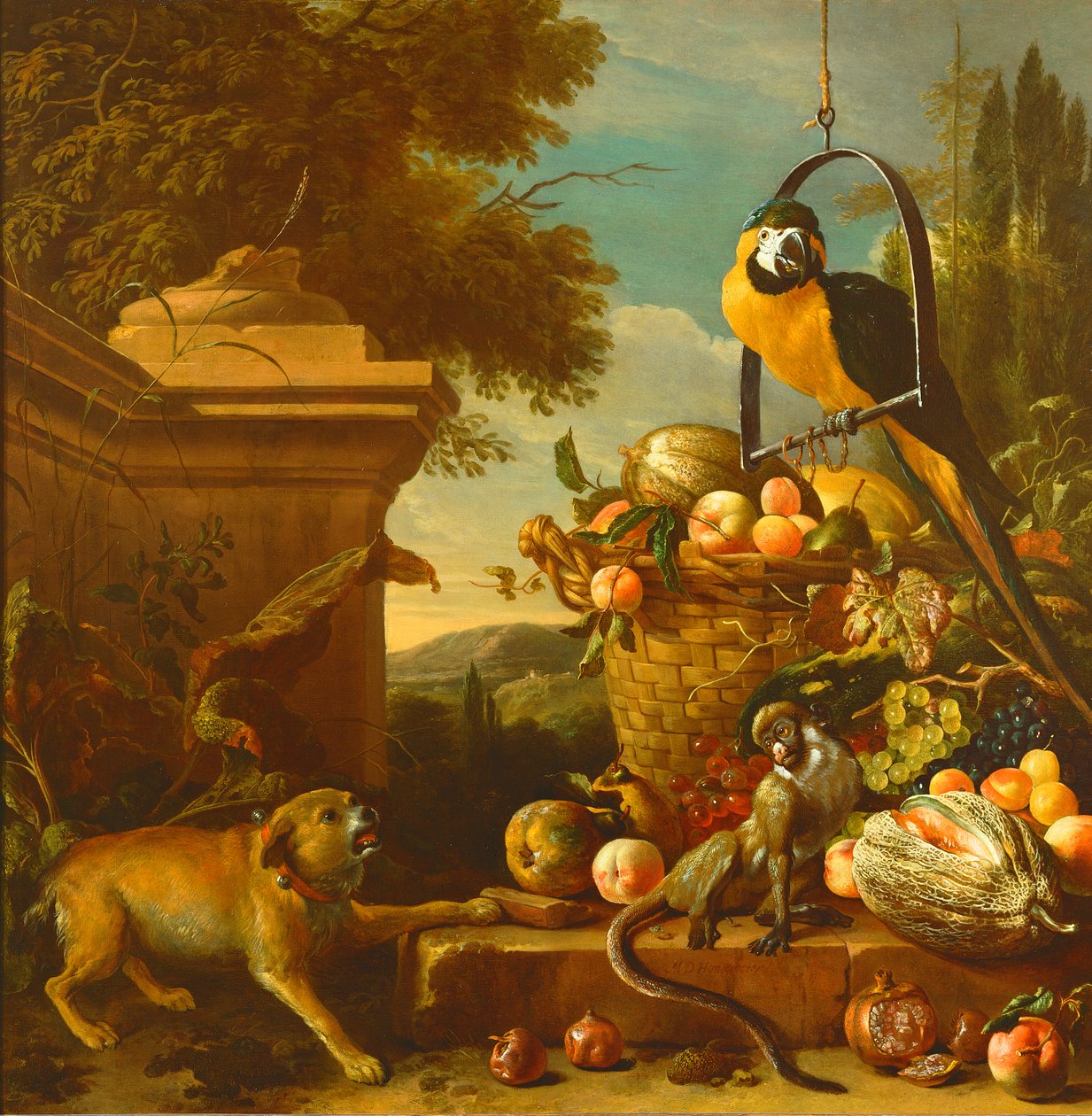 Ara en een Aap door Melchior de Hondecoeter