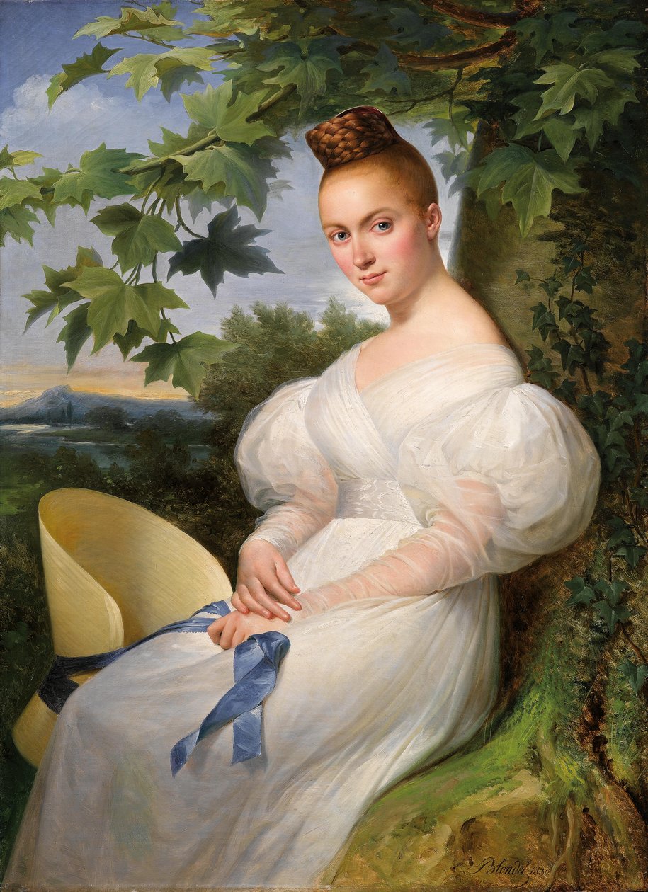 Portret van een jonge vrouw met strohoed door Merry Joseph Blondel