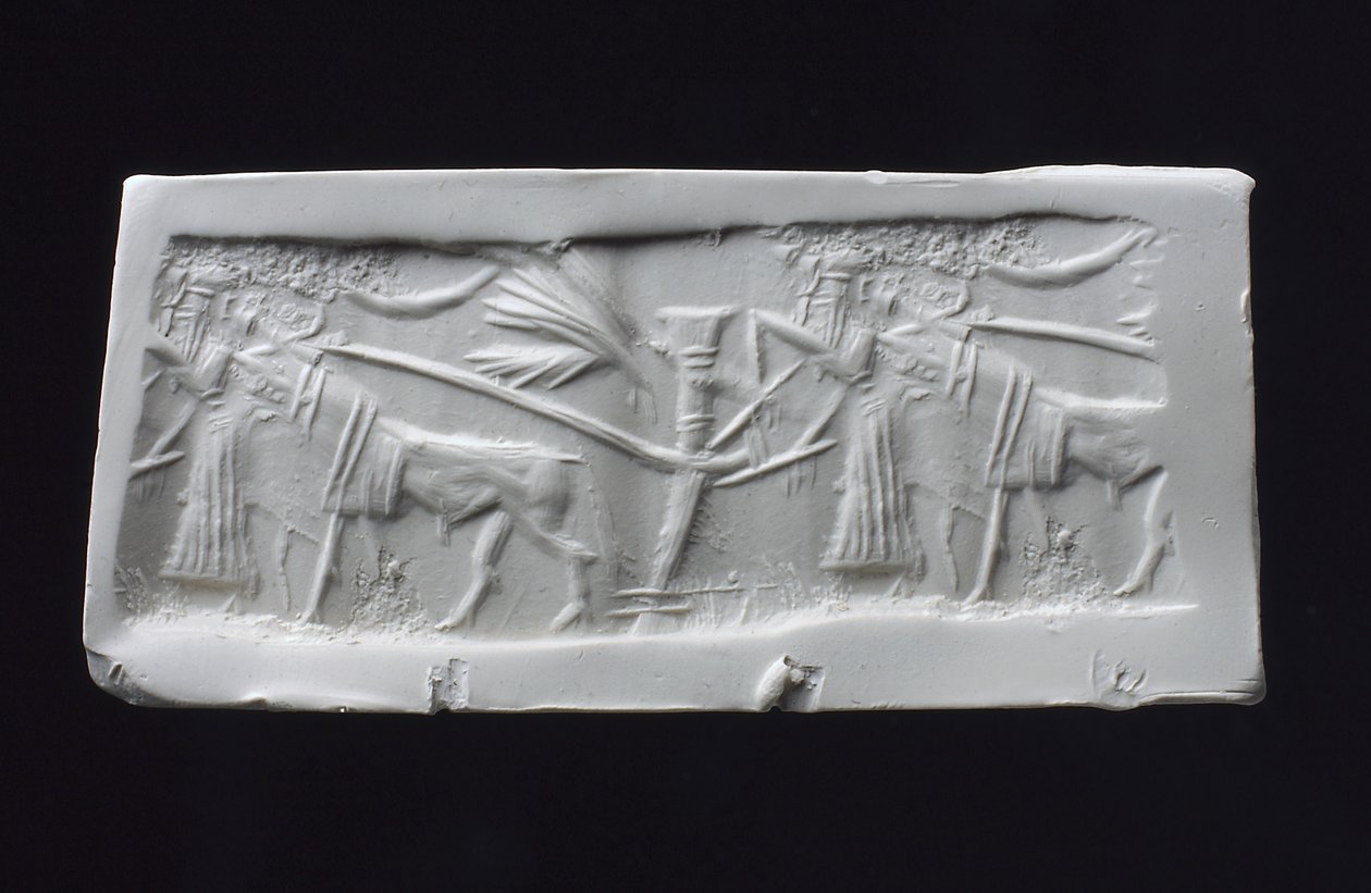 Cilinderzegelafdruk, Akkadisch (schelp) door Mesopotamian