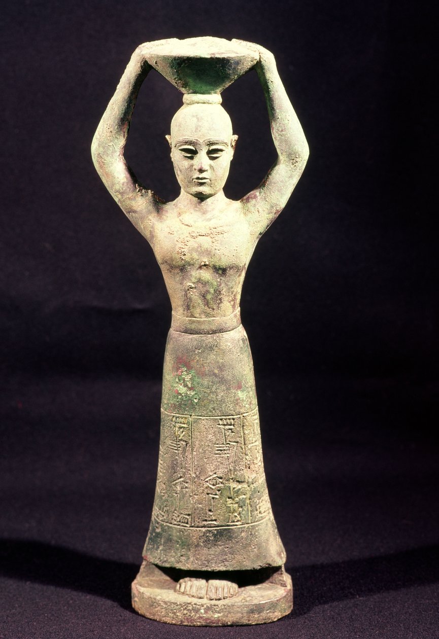 Beeldje van een offerdrager met een votiefinscriptie, uit Uruk, Protoliterate Periode, 3e millennium v.Chr. door Mesopotamian