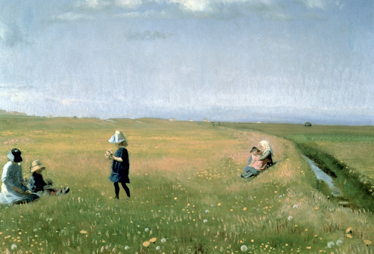 Kinderen en Jonge Meisjes die Bloemen plukken in een weide ten noorden van Skagen door Michael Peter Ancher