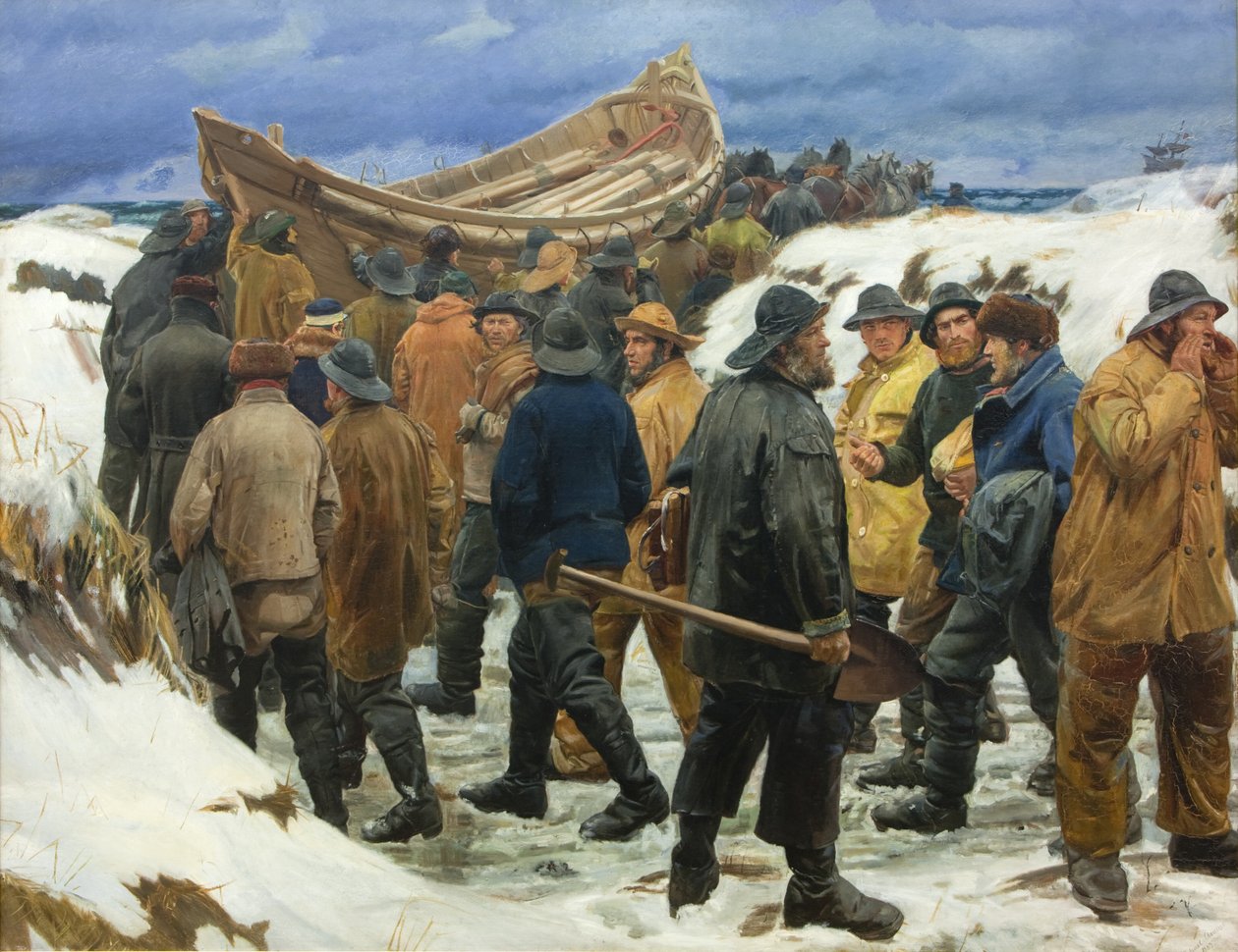 De reddingsboot wordt door de duinen getrokken door Michael Ancher