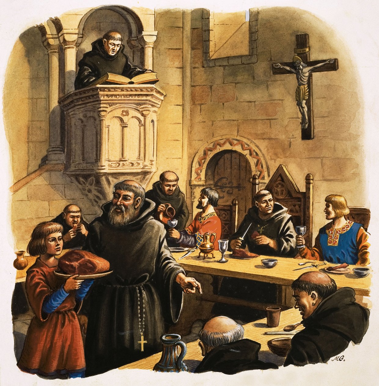 Nieuwelingen serveren maaltijden in refter door Michael Godfrey