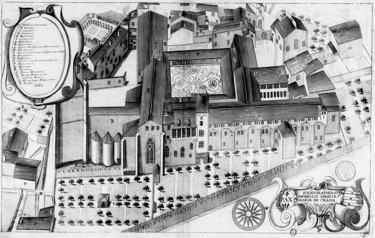 Gravure uit de 17e eeuw van de abdij Sainte-Marie de Lagrasse, in Frankrijk, in het boek Monasticon Gallicanum door Michel Germain