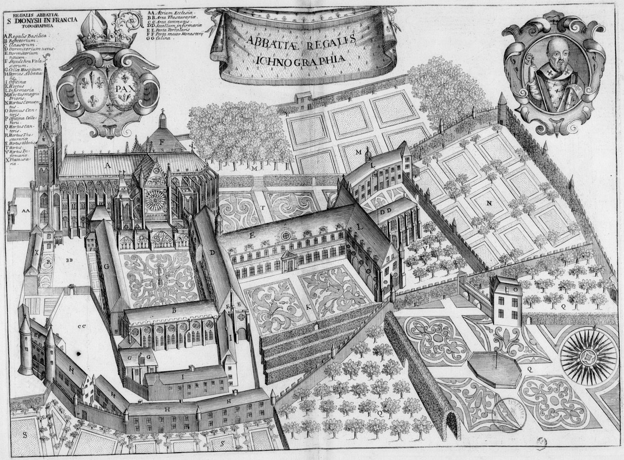 Gegraveerde plaat uit de 17e eeuw die de abdij van Saint-Denis in Frankrijk voorstelt, in het boek Monasticon Gallicanum door Michel Germain