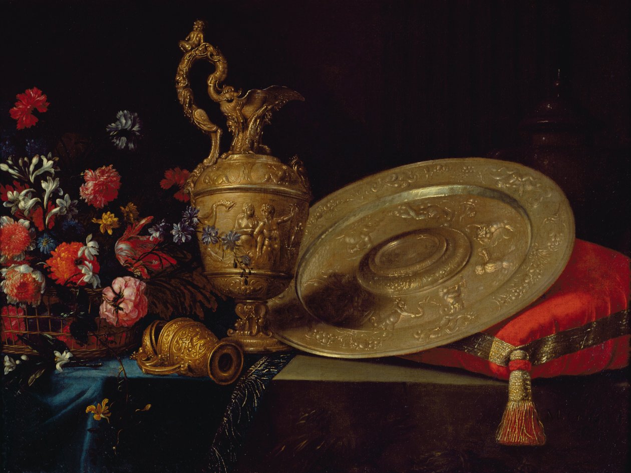 Stilleven met bloemen en bord door Michel Gobin