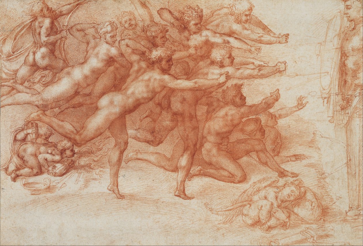 Boogschutters die op een kluizenaar schieten door Michelangelo Buonarroti